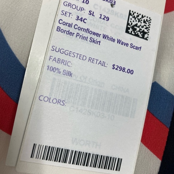 Worth New York Silk Skirt Coral Cornflower White Wave Scarf Border Print SZ 10 - Picture 4 of 7